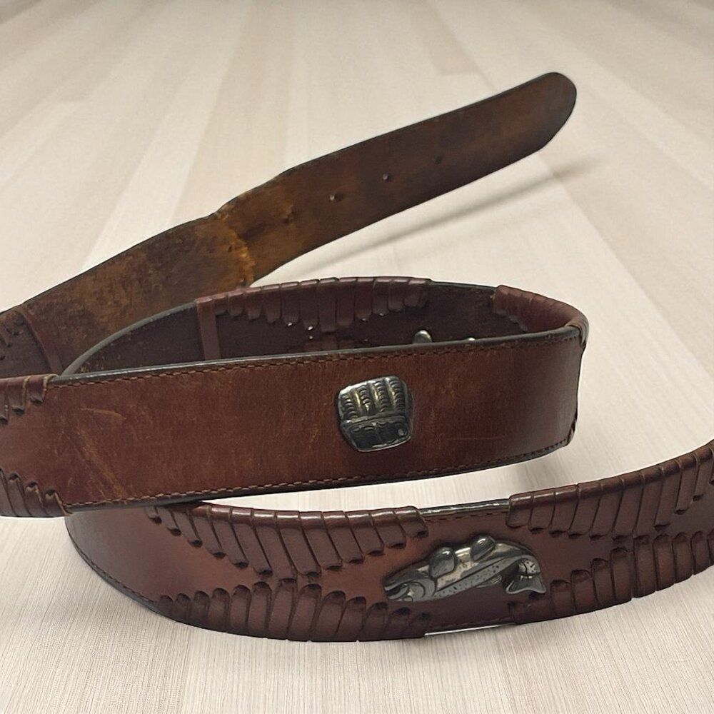 VTG Brighton Leather Belt Mens Size 38 Brown Silver Fly Fishing READ